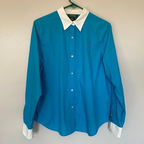 Womens Ralph Lauren VTG Turquoise Button-Down Shirt White Collar & Cuffs Size L - Picture 3 of 14
